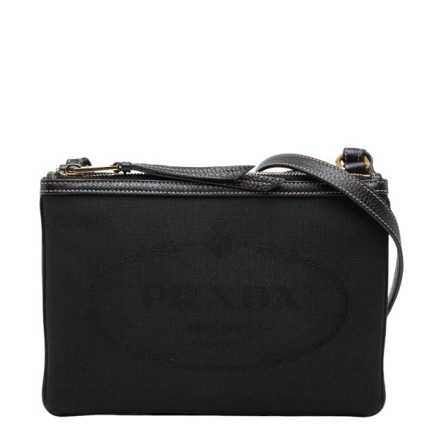 プラダ ロゴジャガード 斜め掛け ショルダーバッグ ブラック キャンバス レディース PRADA 【中古】
