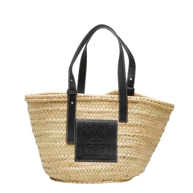 ロエベ バスケットバッグ ミディアム ハンドバッグ ショルダーバッグ ナチュラル ブラック レザー パームリーフ LOEWE 【中古】