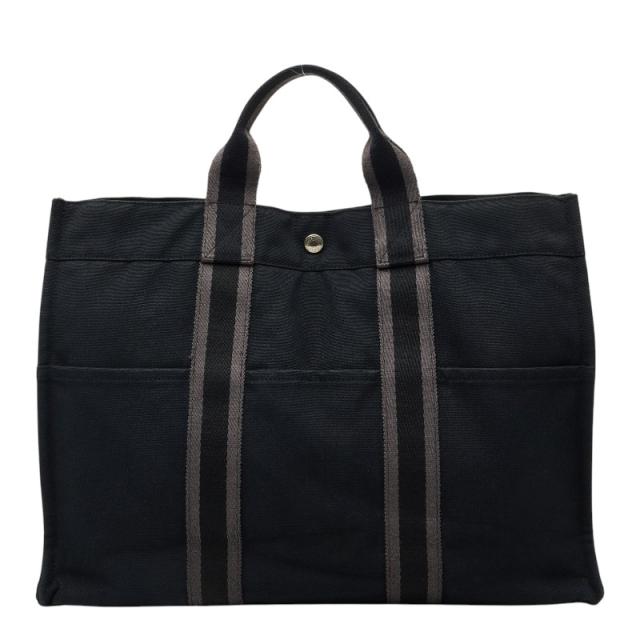エルメス フールトゥ トートMM トートバッグ ハンドバッグ ブラック グレー キャンバス レディース HERMES 【中古】