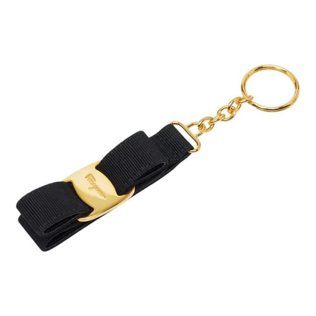 サルヴァトーレフェラガモ ヴァラ リボン チェーン キーホルダー ブラック ゴールド キャンバス メッキ Salvatore Ferragamo 【中古】