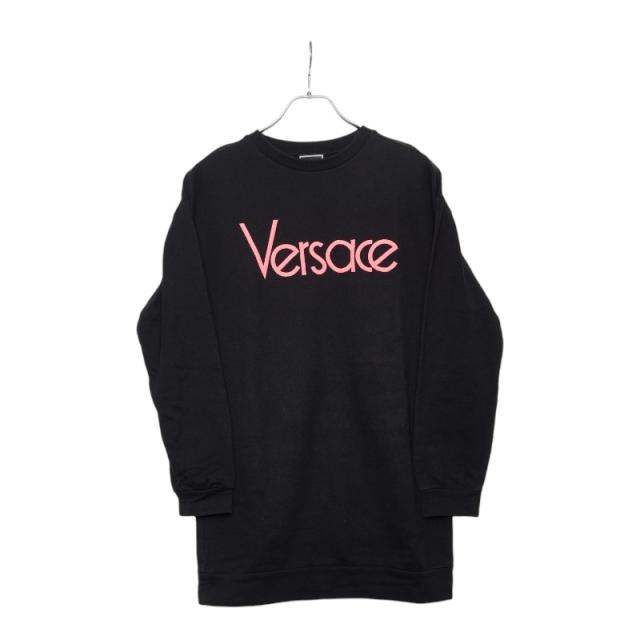 ヴェルサーチェ ロゴ オーバーサイズ トレーナー スウェット サイズ164cm ブラック ピンク コットン メンズ レディース VERSACE 【中古】