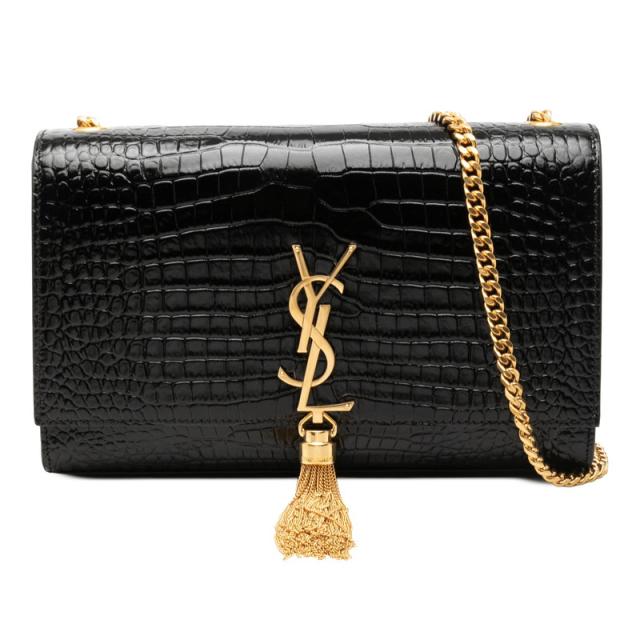 サンローラン YSLロゴ ケイト タッセル 斜め掛け チェーン ショルダーバッグ ブラック レザー レディース SAINT LAURENT 【中古】