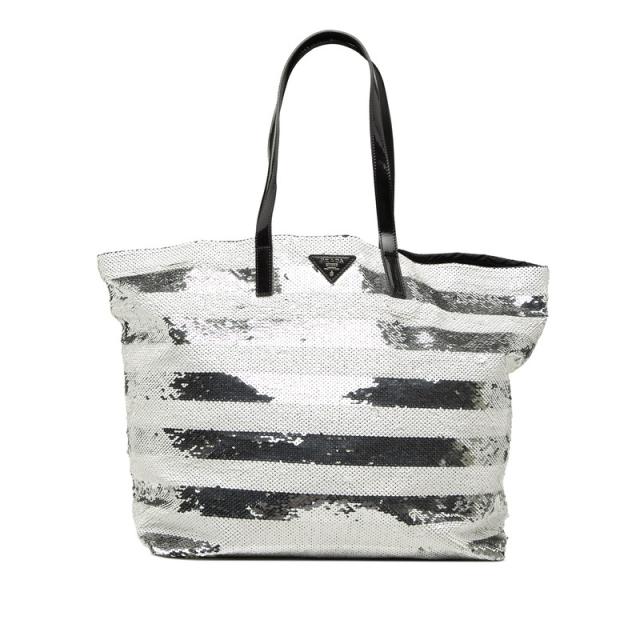 プラダ ロゴ トートバッグ ショルダーバッグ ホワイト シルバー スパンコール エナメル レディース PRADA 【中古】