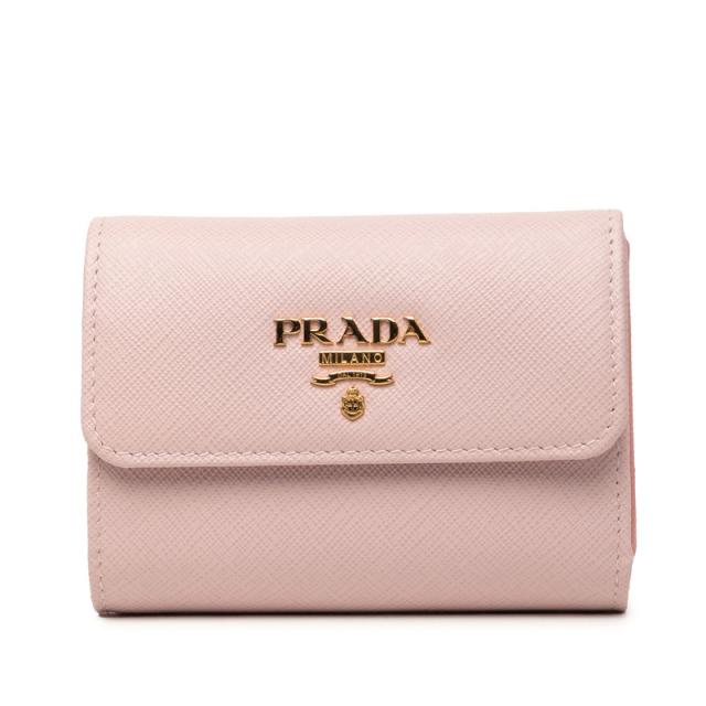 プラダ 三角ロゴプレート 三つ折り財布 1MH025 ピンク サフィアーノレザー レディース PRADA 【中古】