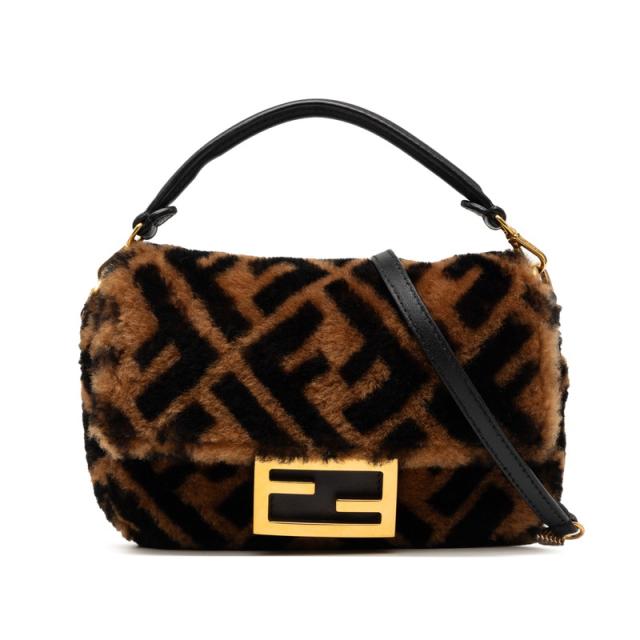 フェンディ ズッカ バゲット ミニ ハンドバッグ ショルダーバッグ 2WAY ブラウン ムートン レザー レディース FENDI 【中古】