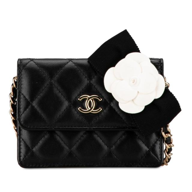 シャネル マトラッセ ココマーク カメリア ミニ チェーン ショルダーウォレット ブラック ラムスキン レディース CHANEL 【中古】