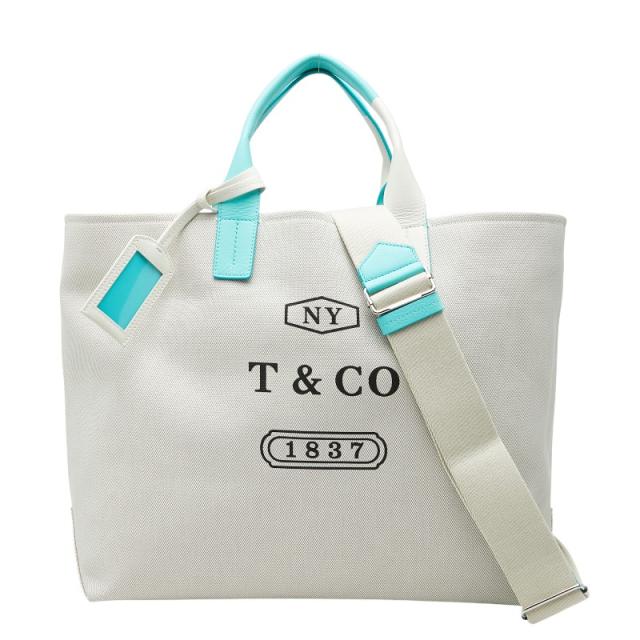 ティファニー ウィークエンド トートバッグ ショルダーバッグ 2WAY アイボリー ブルー キャンバス レザー TIFFANY&Co. 【中古】