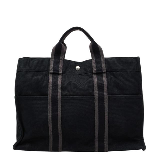 エルメス フールトゥ トートMM ハンドバッグ トートバッグ ブラック グレー キャンバス レディース HERMES 【中古】