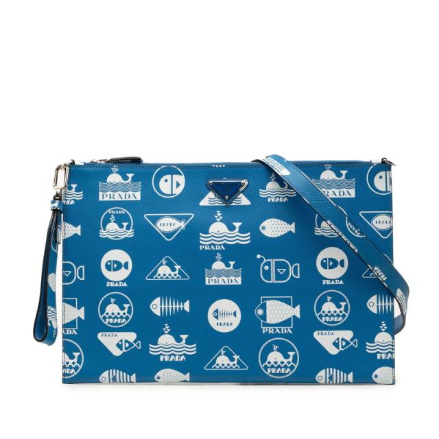 プラダ ブリック マリン テイスト 三角ロゴプレート 魚 クラッチバッグ ショルダーバッグ 2NH005 サフィアーノレザー PRADA 【中古】