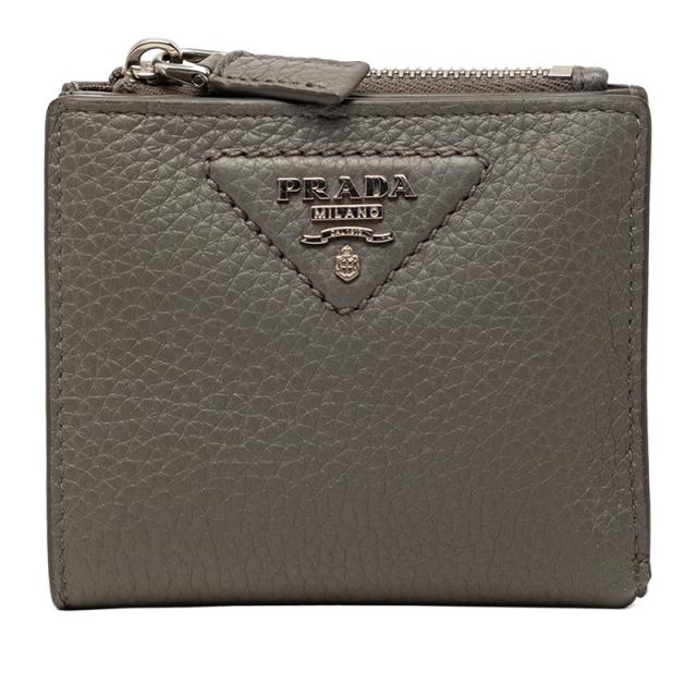 プラダ トライアングルロゴ 二つ折り財布 コンパクトウォレット グレー ヴィッテロダイノレザー レディース PRADA 【中古】