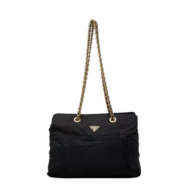 プラダ 三角ロゴプレート テスート キルティング チェーン ショルダー トートバッグ ネイビー ナイロン レディース PRADA 【中古】