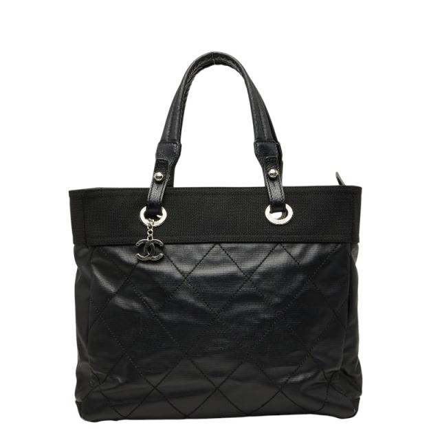 シャネル ココマーク パリビアリッツMM トートバッグ ブラック レザー コーティングキャンバス レディース CHANEL 【中古】