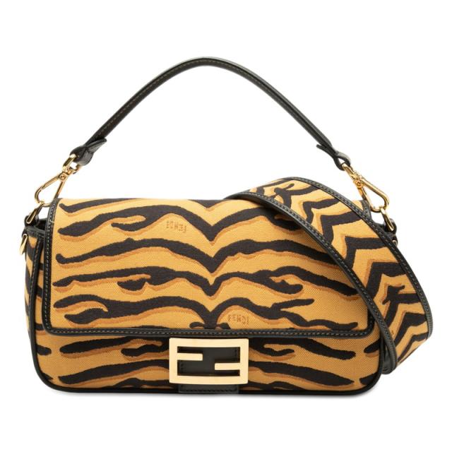 フェンディ マンマバケット タイガー ハンドバッグ ショルダーバッグ 2WAY 8BR600 イエロー ブラック キャンバス レザー FENDI 【中古】