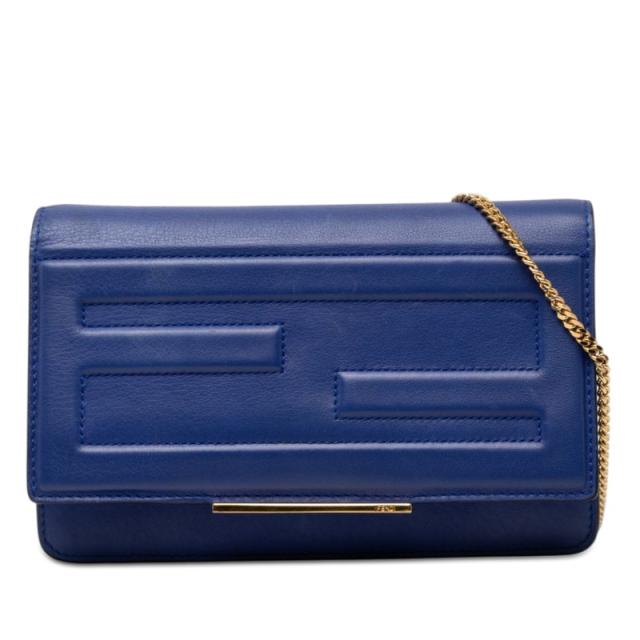 フェンディ FFロゴ 斜め掛け チェーン ウォレット ショルダーバッグ フラップ 8M0346 ブルー レザー レディース FENDI 【中古】