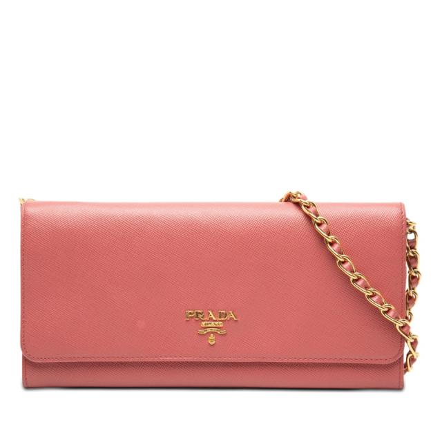 プラダ サフィアーノ 斜め掛け チェーン ウォレット 長財布 2way クラッチバッグ ショルダーバッグ ピンク レザー PRADA 【中古】
