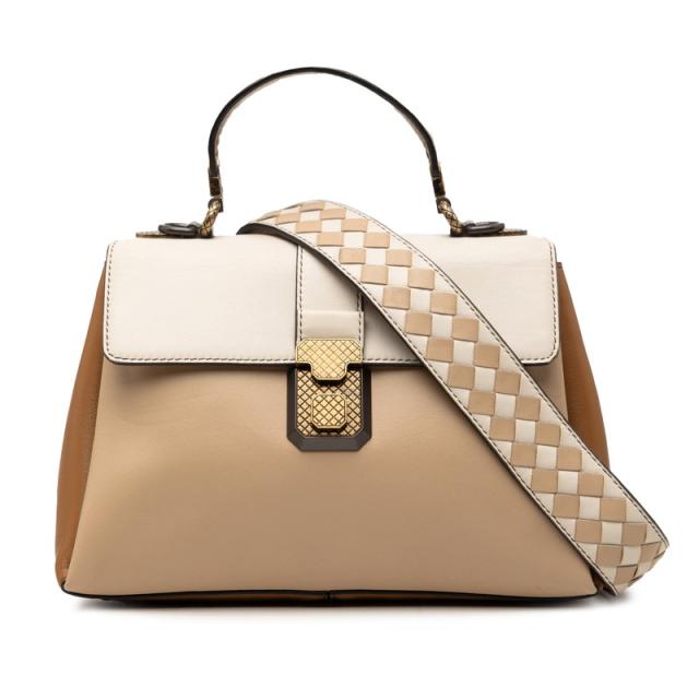 ボッテガヴェネタ スモール ピアッツァ ハンドバッグ ショルダーバッグ 2WAY ベージュ ブラウン ホワイト レザー BOTTEGAVENETA 【中古】