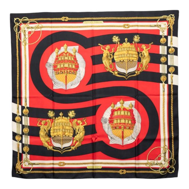 エルメス カレ90 CHATEAUX DARRIERE 艫飾り スカーフ レッド ブラック シルク レディース HERMES 【中古】