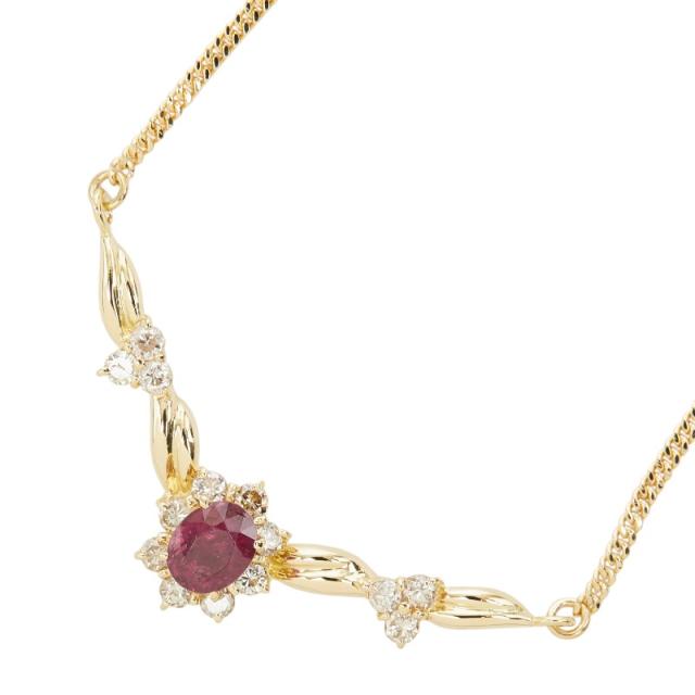 K18YG イエローゴールド ルビー0.71ct ダイヤ0.37ct フラワーモチーフ ペンダント ネックレス レディース 中古