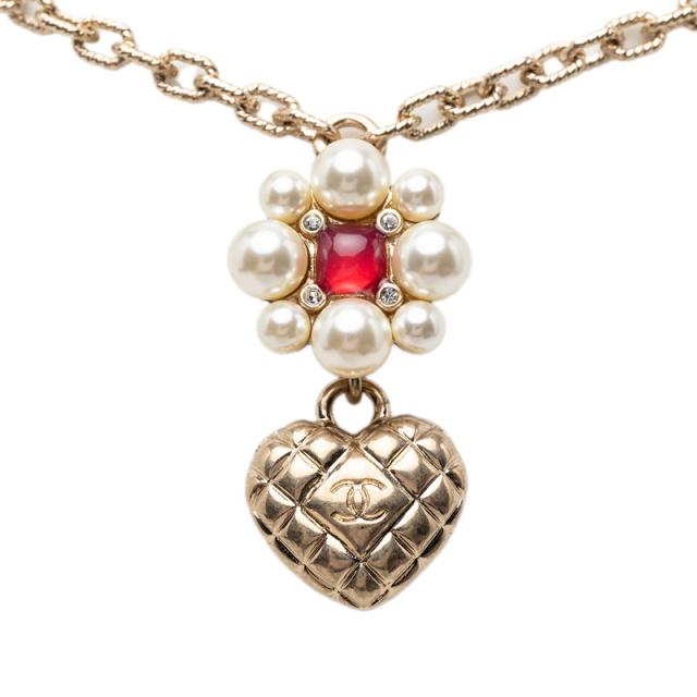シャネル ココマーク ハート フラワー ペンダント ネックレス B21P ゴールド メッキ フェイクパール ストーン CHANEL 【中古】