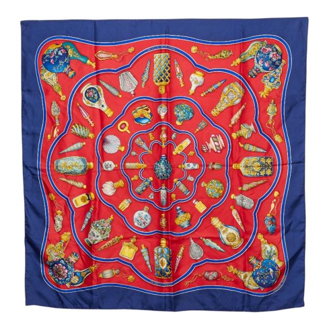 エルメス カレ90 Pourvu quon oit livresse 香水ボトル スカーフ レッド ブルー マルチカラー シルク レディース HERMES 【中古】