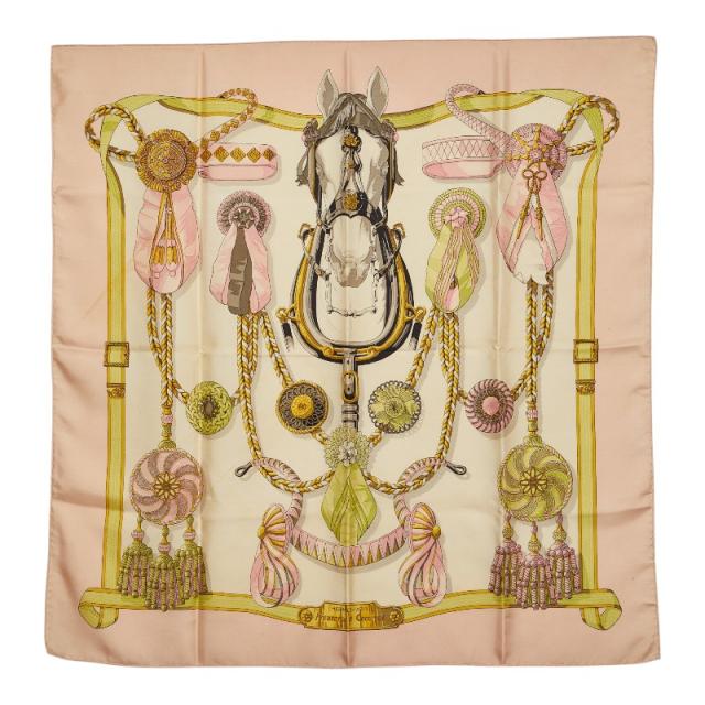 エルメス カレ90 Frontaux et Cocardes 前面ロゼット スカーフ 大判 ピンク マルチカラー シルク レディース HERMES 【中古】