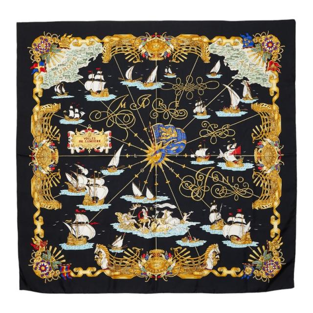 エルメス カレ90 VOILES DE LUMIERE 光の帆船 スカーフ ブラック マルチカラー シルク レディース HERMES 【中古】