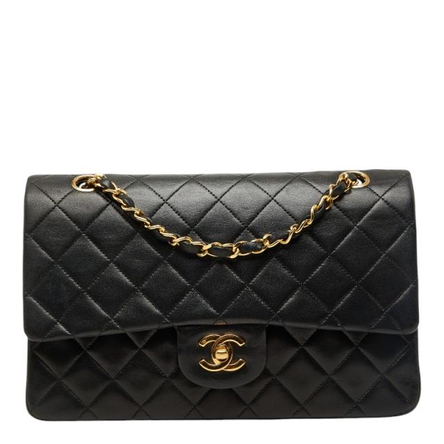シャネル マトラッセ25 ココマーク ダブルフラップ チェーン ショルダーバッグ ブラック ゴールド金具 ラムスキン CHANEL 【中古】