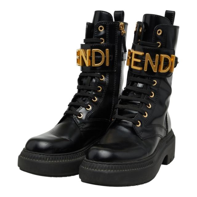 フェンディ レースアップ バイカーブーツ サイズ37 ブラック ゴールド レザー レディース FENDI 【中古】