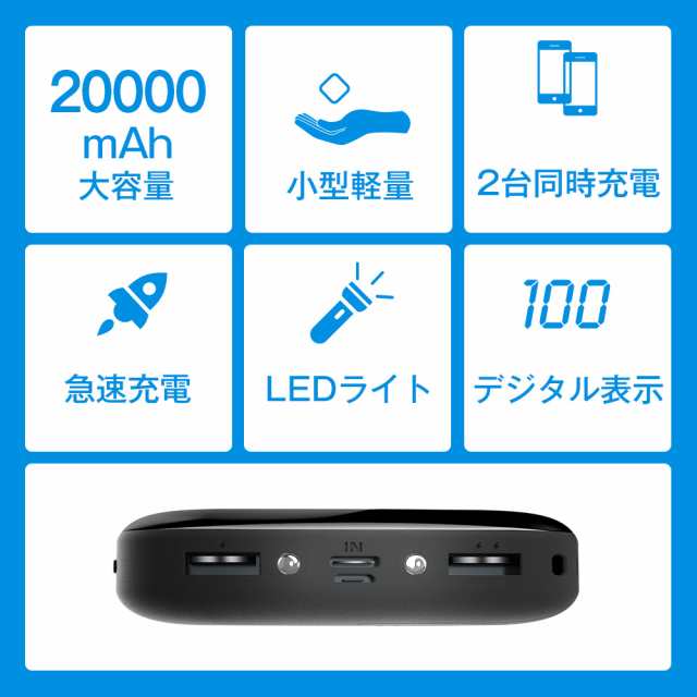 モバイルバッテリー 20000mAh 大容量 超小型 2.1A急速充電 iphone