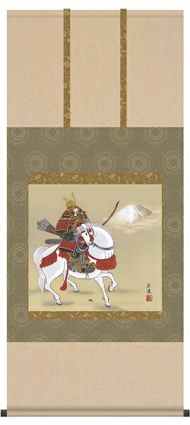 掛け軸/節句画/武者・兜/馬上武者/田中広遠/白翠会/洛彩緞子本表装/尺五サイズ幅54.5cm/桐箱畳紙収納/表装品質十年保証/端午の節句掛軸 初節句 こどもの日の通販は