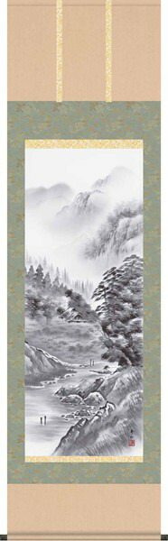 掛軸/山水画/水墨山水/紫山憧憬/鈴村秀山/三美会/洛彩緞子本表装/尺五サイズ幅54.5cm/桐箱畳紙収納/表装品質十年保証の通販は 15,833円