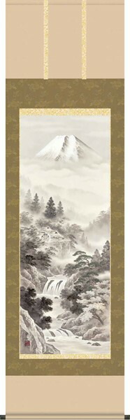 掛軸/山水画/水墨山水/富士閑景/江本修山/洛友会/正絹二丁本表装/尺五サイズ幅54.5cm/桐箱畳紙収納/表装品質十年保証の通販は 25,300円