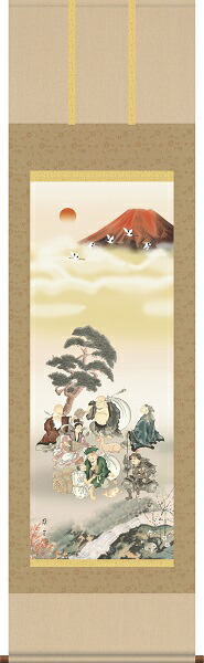 掛軸/開運画/開運七福神 七福神万笑之図/鵜飼雄平/竹翠会 洛彩緞子本表装/尺五サイズ幅54.5cm/桐箱畳紙収納/表装品質十年保証の通販は