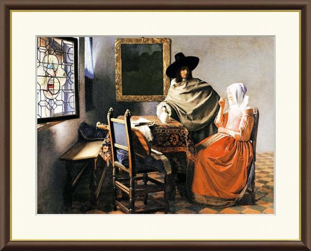 【お得クーポン配布中】 世界の名画 ワイングラス　ヨハネス フェルメール F8　61×49.5cm 手彩仕上 高精細巧芸美術画 インテリア 額入り　額装込　アート　ギフト　巣ごもり　油絵
