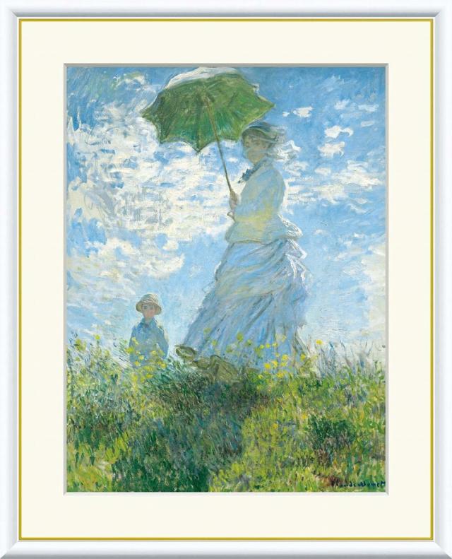 【お得クーポン配布中】 世界の名画 散歩、日傘をさす女性　モネ F8　61×49.5cm 手彩仕上 高精細巧芸美術画 インテリア 額入り　額装込　アート　ギフト　巣ごもり　油絵