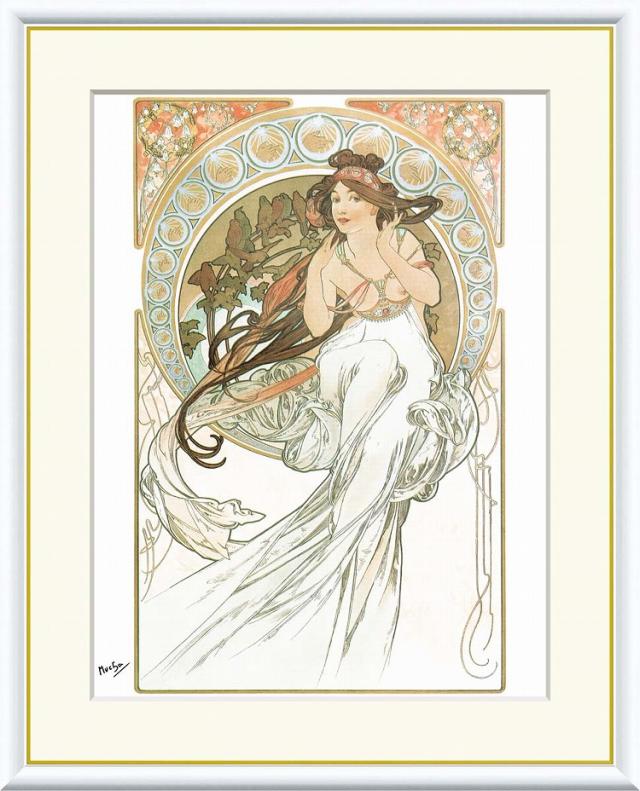 【お得クーポン配布中】 世界の名画 芸術：音楽　ミュシャ F8　61×49.5cm 手彩仕上 高精細巧芸美術画 インテリア 額入り　額装込　アート　ギフト　巣ごもり　油絵