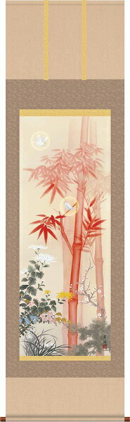 掛軸/開運画/開運花鳥/吉祥四君子繚乱図/根本孝逸/弥栄会/洛彩緞子本表装/尺五サイズ幅54.5cm/桐箱畳紙収納/表装品質十年保証の通販は