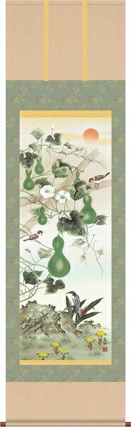 掛軸/開運画/開運花鳥/六瓢息災福寿/井原蒼竹/竹翠会/洛彩緞子本表装/尺五サイズ幅54.5cm/桐箱畳紙収納/表装品質十年保証の通販は
