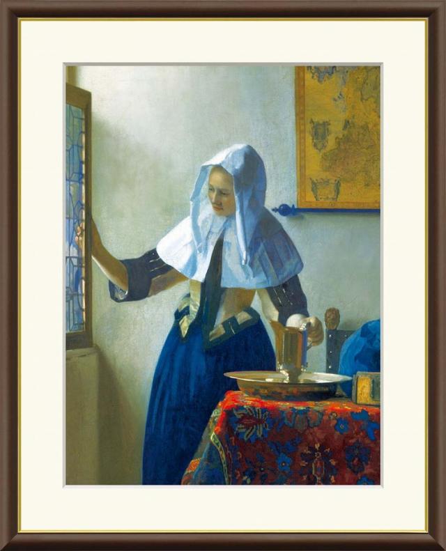 【お得クーポン配布中】 世界の名画 水差しを持つ女　ヨハネス フェルメール F8　61×49.5cm 手彩仕上 高精細巧芸美術画 三幸　インテリア 額入り　額装込　アート　ギフト　巣ごもり　油絵