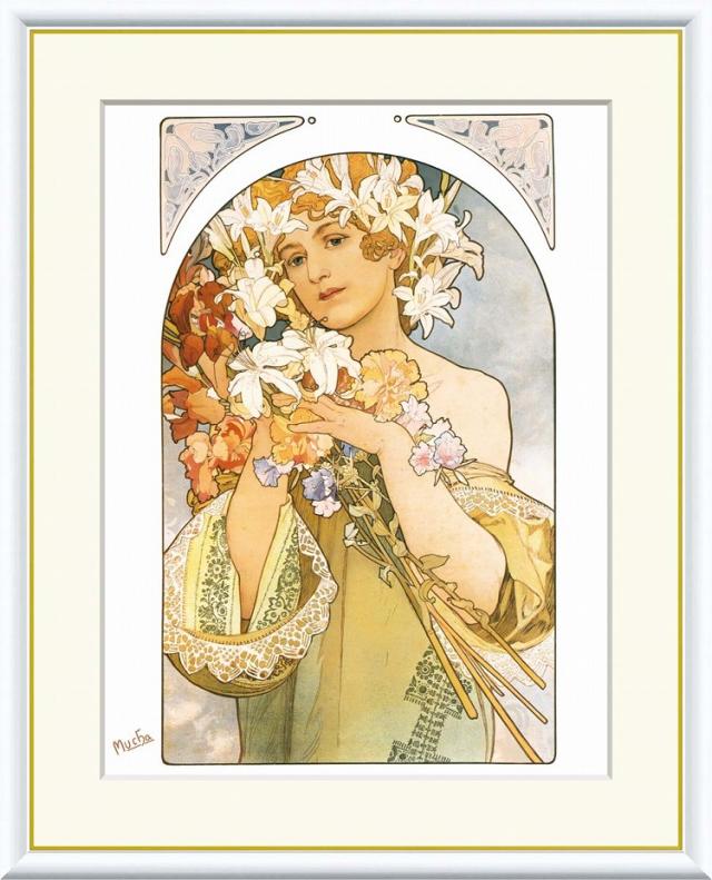 【お得クーポン配布中】 世界の名画 花　ミュシャ F8　61×49.5cm 手彩仕上 高精細巧芸美術画 インテリア 額入り　額装込　アート　ギフト　巣ごもり　油絵