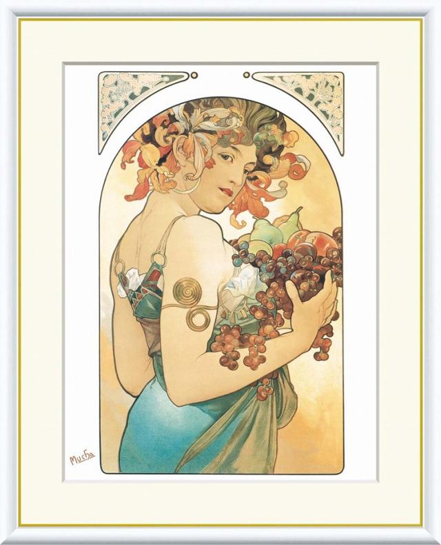 【お得クーポン配布中】 世界の名画 果物　ミュシャ F8　61×49.5cm 手彩仕上 高精細巧芸美術画 インテリア 額入り　額装込　アート　ギフト　巣ごもり　油絵