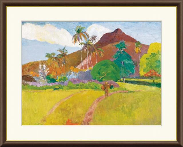 【お得クーポン配布中】 世界の名画 タヒチの山　ゴーギャン F8　61×49.5cm 手彩仕上 高精細巧芸美術画 インテリア 額入り　額装込　アート　ギフト　巣ごもり　油絵