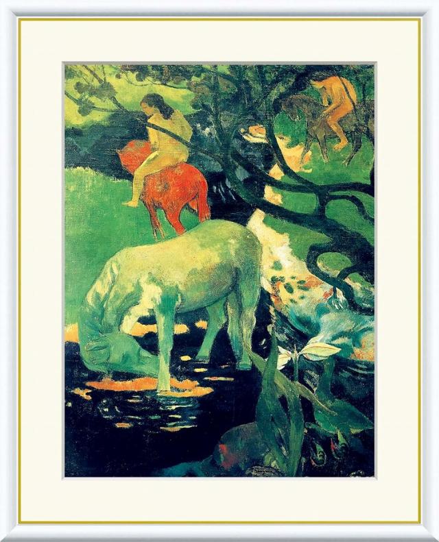 【お得クーポン配布中】 世界の名画 白い馬　ゴーギャン F8　61×49.5cm 手彩仕上 高精細巧芸美術画 インテリア 額入り　額装込　アート　ギフト　巣ごもり　油絵