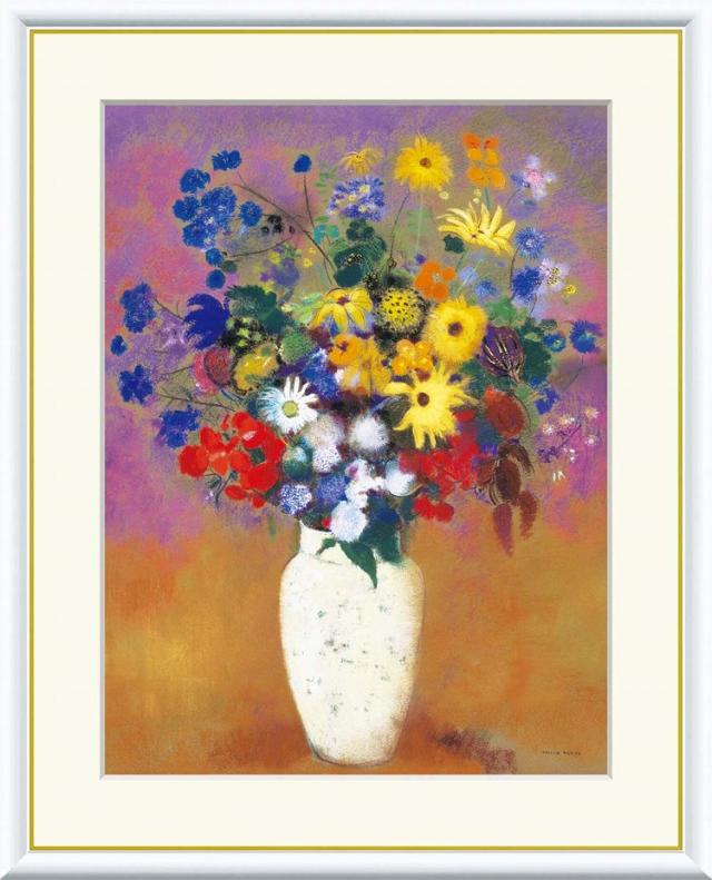 【お得クーポン配布中】 世界の名画 白い花瓶の花　ルドン F8　61×49.5cm 手彩仕上 高精細巧芸美術画 インテリア 額入り　額装込　アート　ギフト　巣ごもり　油絵 7,844円