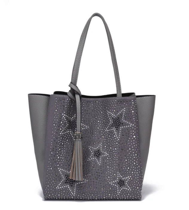 星柄ラインストーントートバッグ　トートバッグ　ラインストーン　スタッズ　星形　バッグ　合皮　キャンパスバッグ　カジュアル　カジュアルバッグ　ブラック　ネイビー　グレー　チョコ　レッド 星柄ラインストーントートバッグ トートバッグ ラインストーン