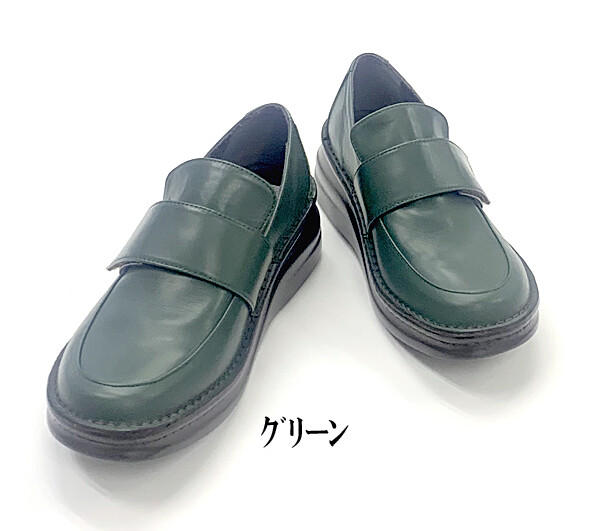 日本製　本革　太ベルトデザインカジュアルシューズ　3e  ローファータイプ　歩きやすい　履きやすい　厚底　ヒール高5cm　柔らかい　ソフトレザー　面ファスナー　軽量　軽い 日本製 本革 太ベルトデザインカジュアルシューズ 3e ローファータイプ