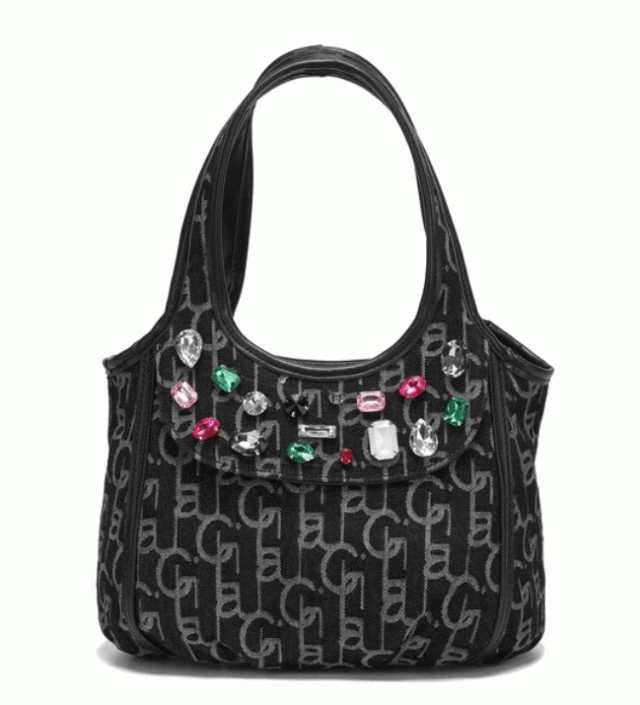 ビジュー ロゴデニム ハンドバッグ　トート　デニム　きらきら　カラフルビジュー　ロゴ織デニム軽い　軽量　華やか　ゴージャス　通勤　普段使い　カジュアル　おしゃれ ビジュー ロゴデニム ハンドバッグ トート デニム きらきら カラフル