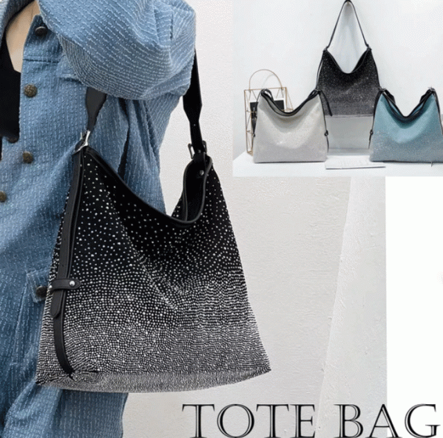 キャンバスラインストーントートバッグ　トートバッグ　ラインストーン　きらきら　ゴージャス　カジュアルバッグ　上品　グラデーション　ワンショルダー　大きめ　大容量　軽い　軽量　通勤　旅行