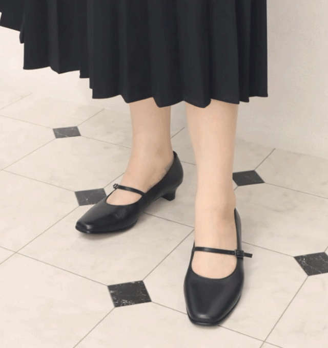 本革 本革スクエアローヒールストラップパンプス パンプス 歩きやすい