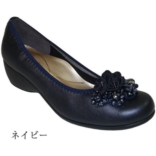 日本製 花モチーフビジュー付きローヒールパンプス ファースト